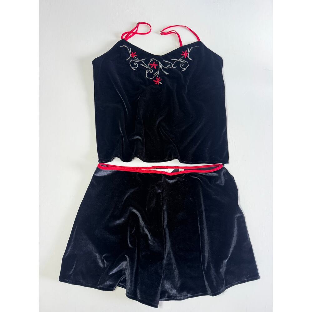 Vtg Victoria's Secret Black Velvet Cami Shorts Lounge Set Red Embroidered Small